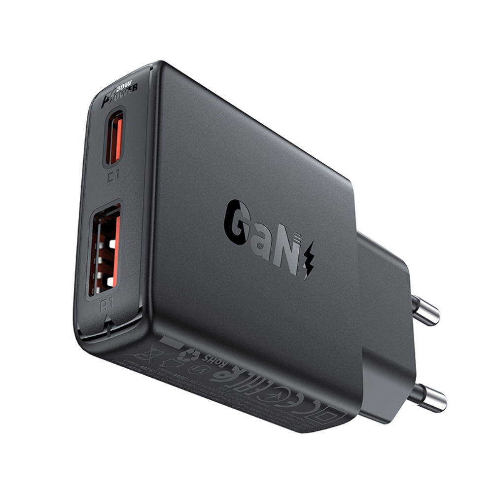 Сетевое зарядное устройство Acefast A69 USB/ Type-C QC PD 30W GaN черное