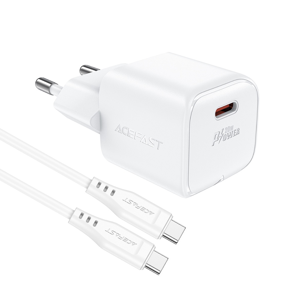 Сетевое зарядное устройство Acefast A73 mini Type-C PD20W GaN белое + кабель Type-C to Type-C