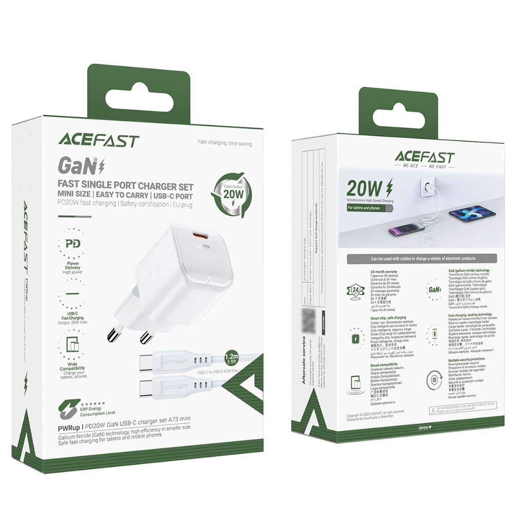 Сетевое зарядное устройство Acefast A73 mini Type-C PD20W GaN белое + кабель Type-C to Type-C