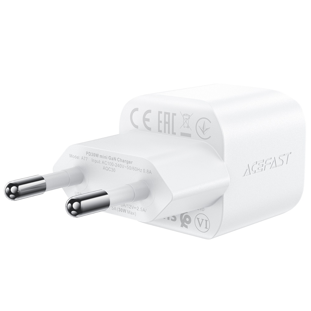 Сетевое зарядное устройство Acefast A77 mini Type-C PD30W GaN белое + кабель Type-C to Type-C