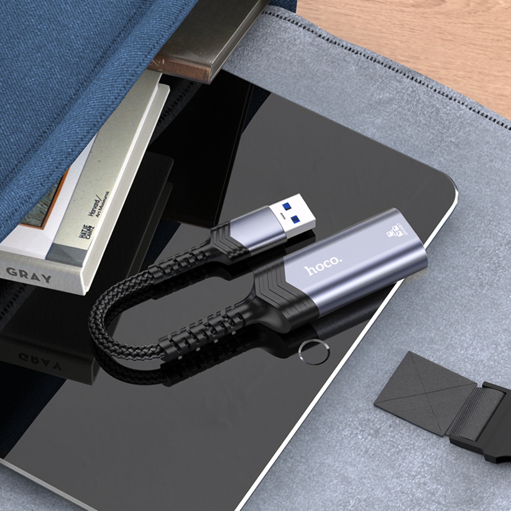 Адаптер переходник Hoco UA26 1000 Mbps USB to RJ45 metal gray