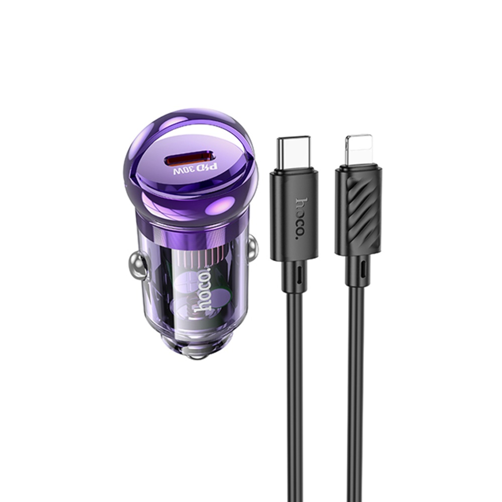 Автомобильное зарядное устройство Hoco Z53 Type-C PD 30W transparent purple + кабель Type-C to Lightning