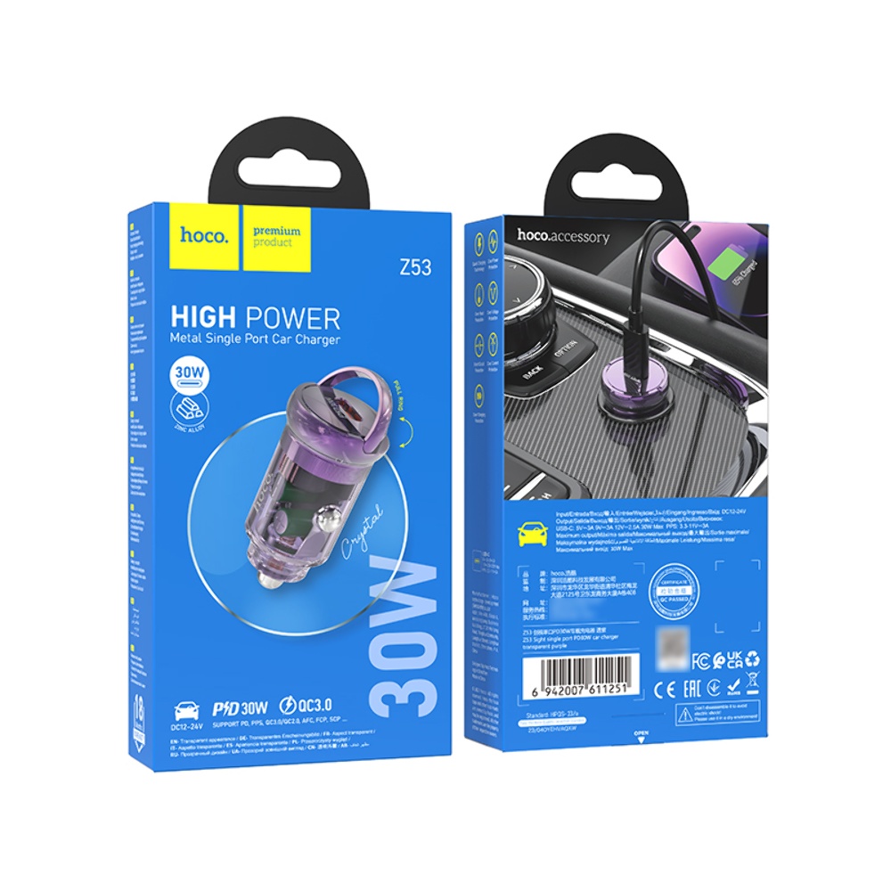 Автомобильное зарядное устройство Hoco Z53 Type-C PD 30W transparent purple