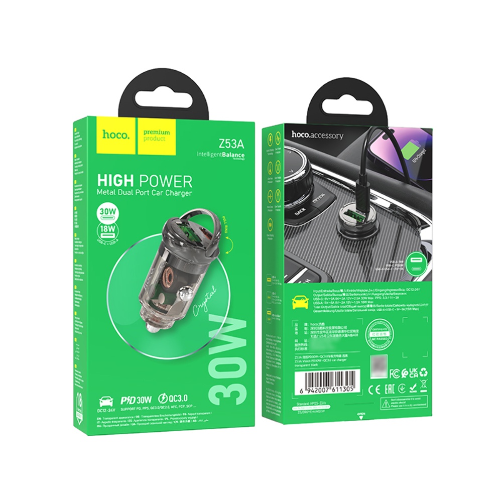 Автомобильное зарядное устройство Hoco Z53A USB/ Type-C PD 30W QC transparent black