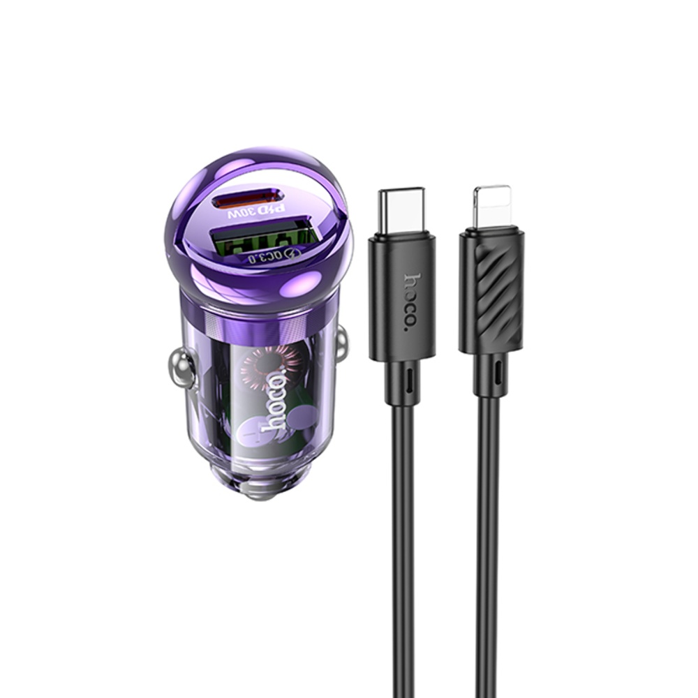 Автомобильное зарядное устройство Hoco Z53A USB/ Type-C PD 30W QC transparent purple + кабель Type-C to Lightning
