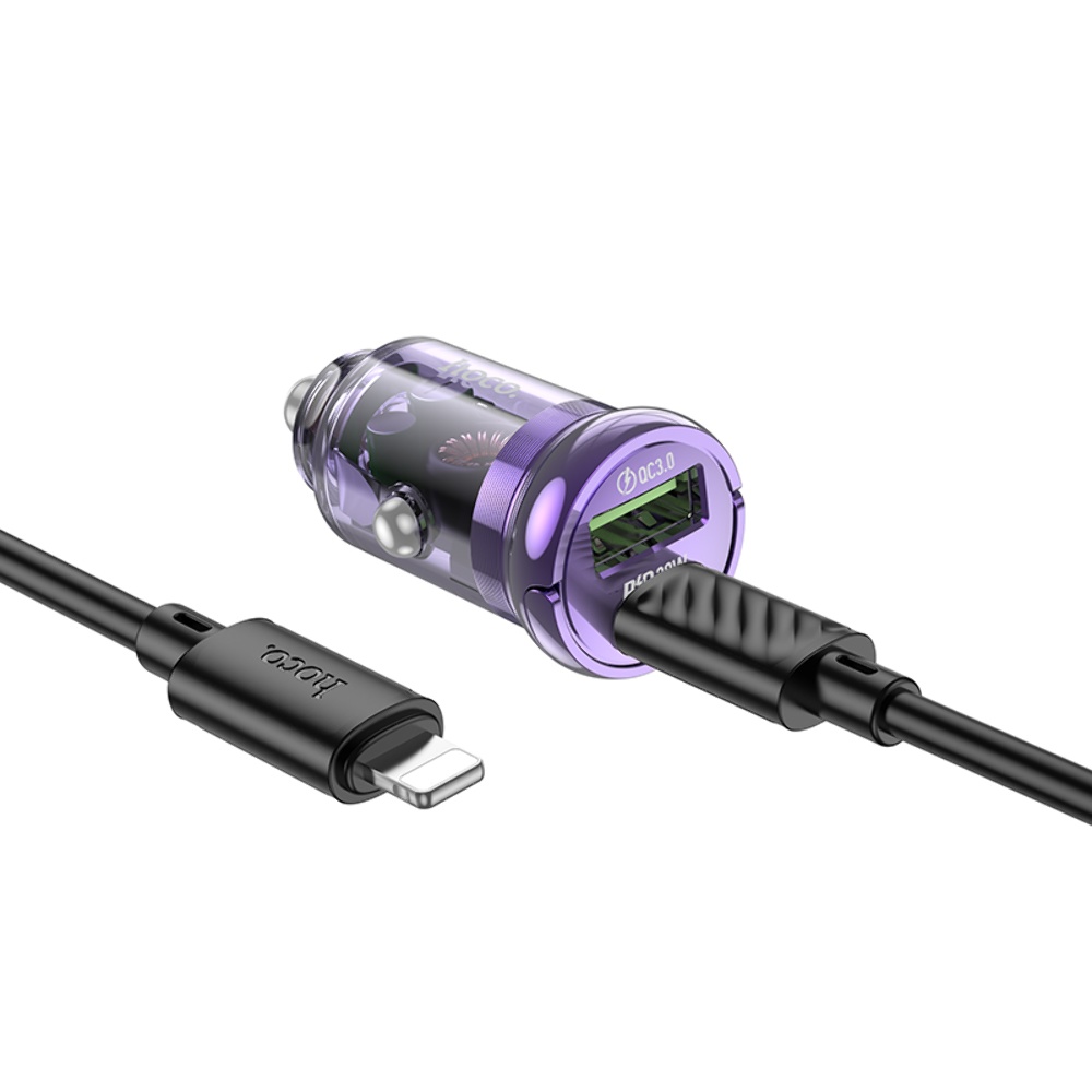Автомобильное зарядное устройство Hoco Z53A USB/ Type-C PD 30W QC transparent purple + кабель Type-C to Lightning