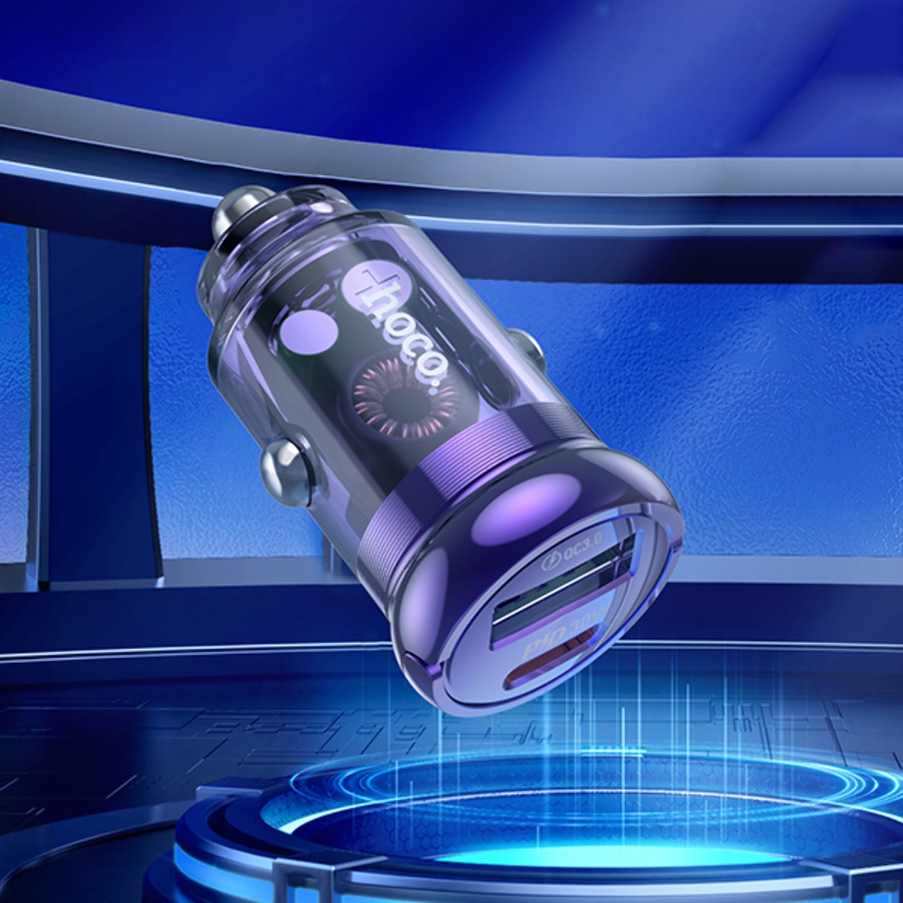 Автомобильное зарядное устройство Hoco Z53A USB/ Type-C PD 30W QC transparent purple + кабель Type-C to Lightning