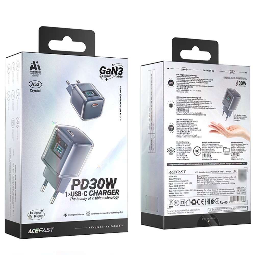 Сетевое зарядное устройство Acefast A53 Type-C PD30W серое