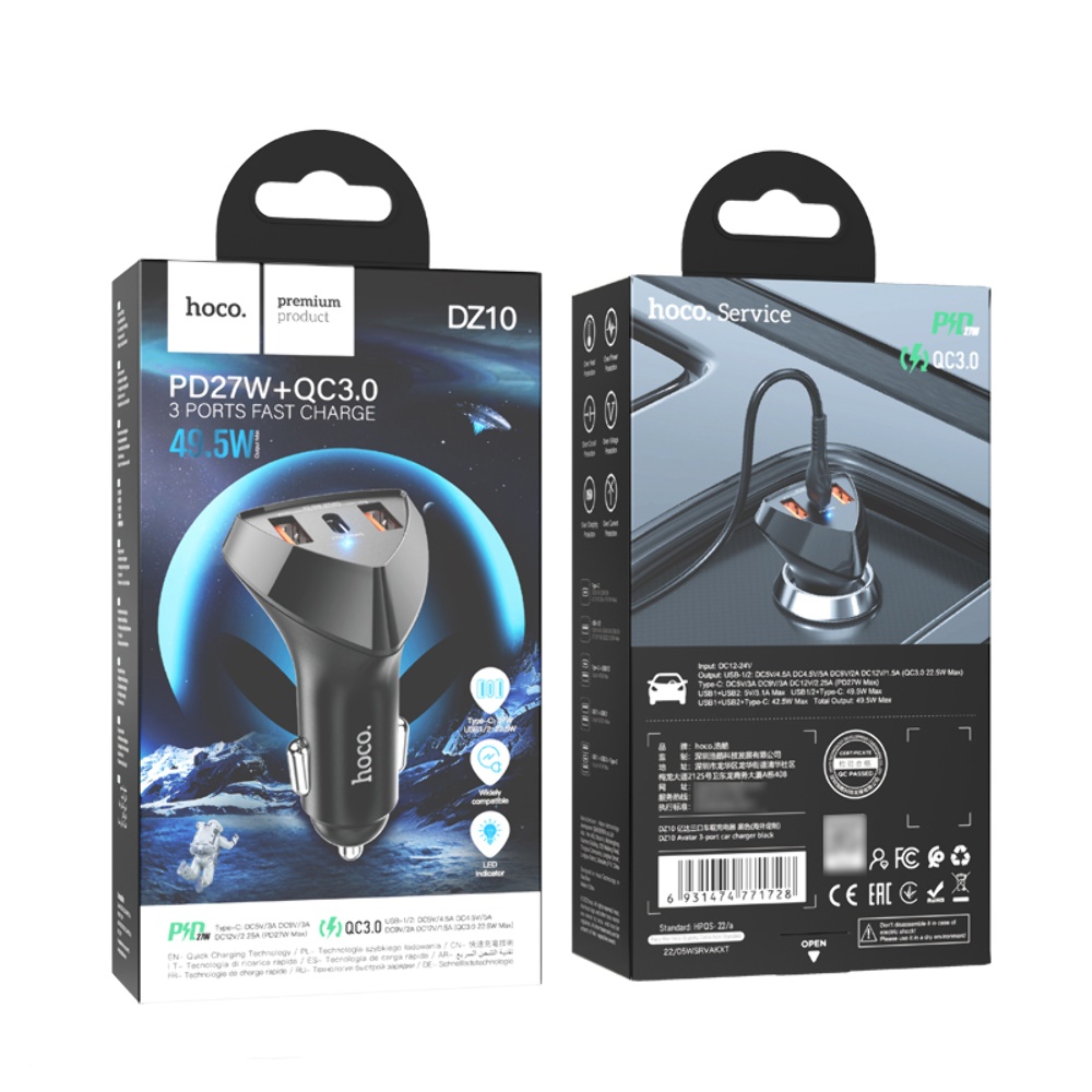 Автомобильное зарядное устройство Hoco DZ10 2 USB/ Type-C PD 27W QC black