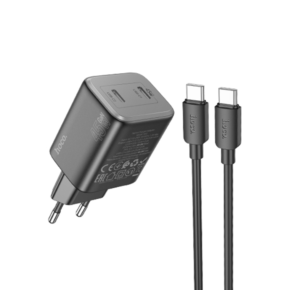 Сетевое зарядное устройство Hoco N42 2 Type-C PD 45W black + кабель Type-C to Type-C
