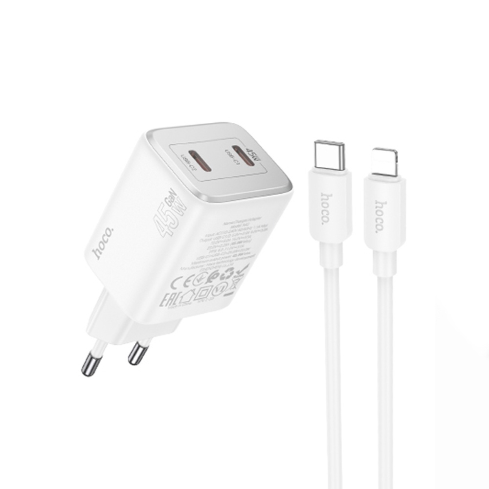 Сетевое зарядное устройство Hoco N42 2 Type-C PD 45W white + кабель Type-C to Lightning