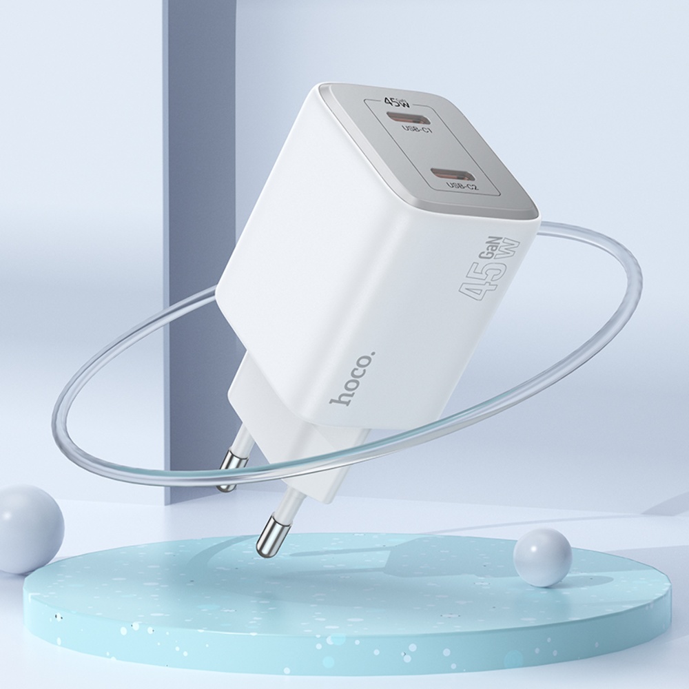 Сетевое зарядное устройство Hoco N42 2 Type-C PD 45W white + кабель Type-C to Lightning