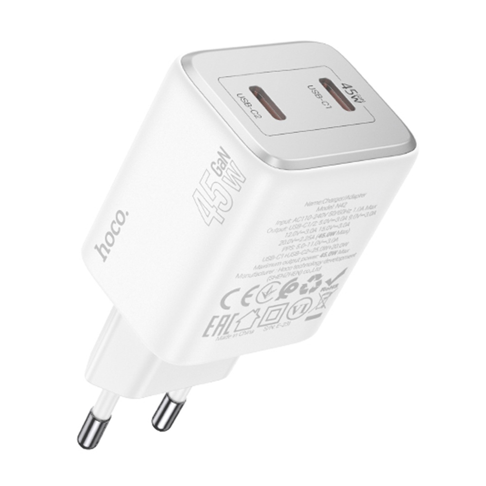 Сетевое зарядное устройство Hoco N42 2 Type-C PD 45W white