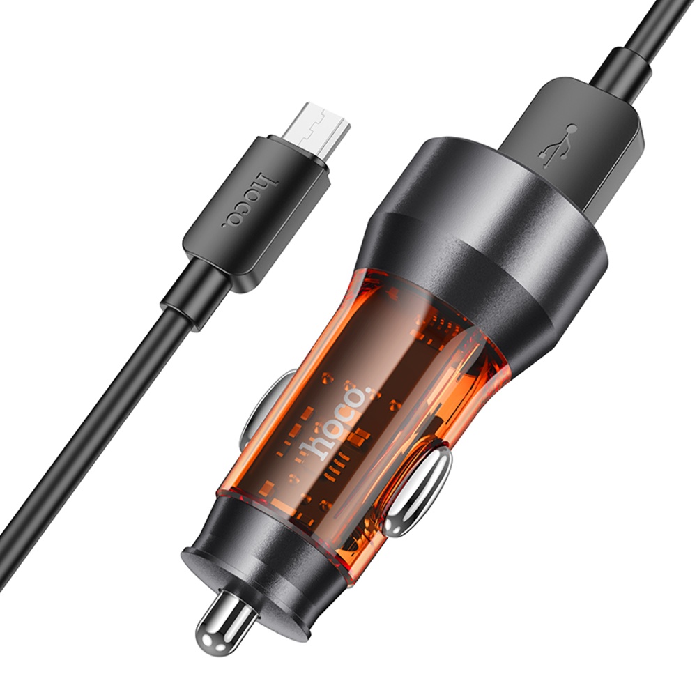 Автомобильное зарядное устройство Hoco NZ12 2 USB QC 36W transparent orange + кабель USB to MicroUSB