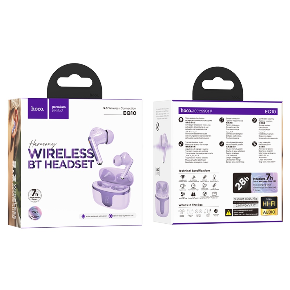 Беспроводные TWS наушники Hoco EQ10 вакуумные purple