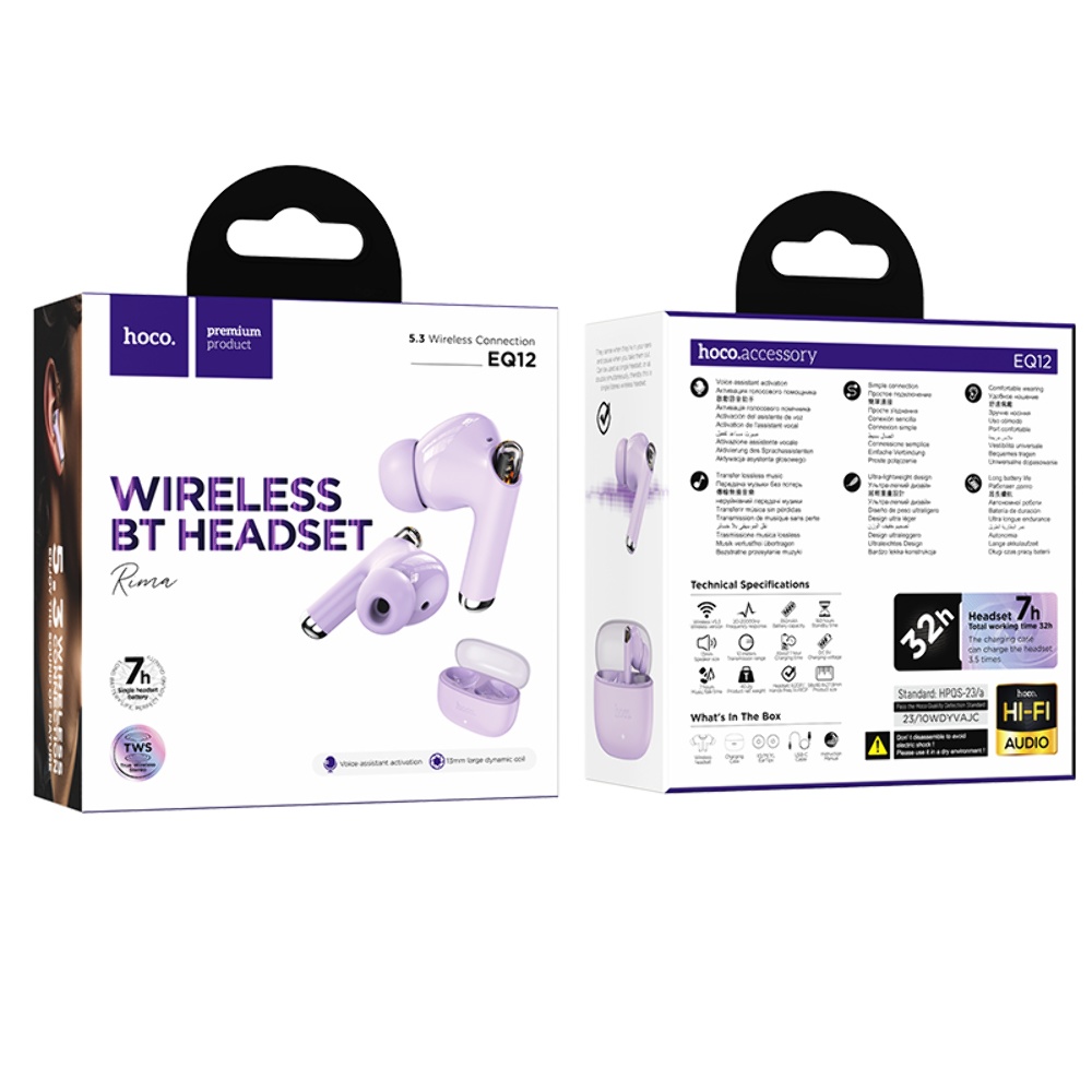 Беспроводные TWS наушники Hoco EQ12 вакуумные purple