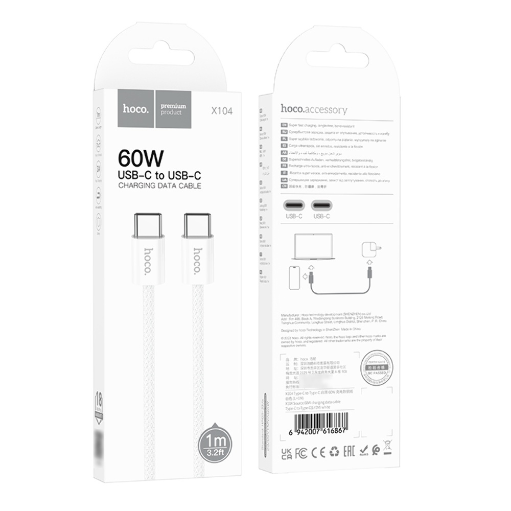Кабель Hoco X104 Type-C to Type-C PD 60W 1m white