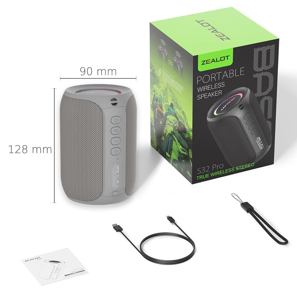 Портативная Bluetooth колонка ZEALOT S32 Pro TWS с LED подсветкой grey
