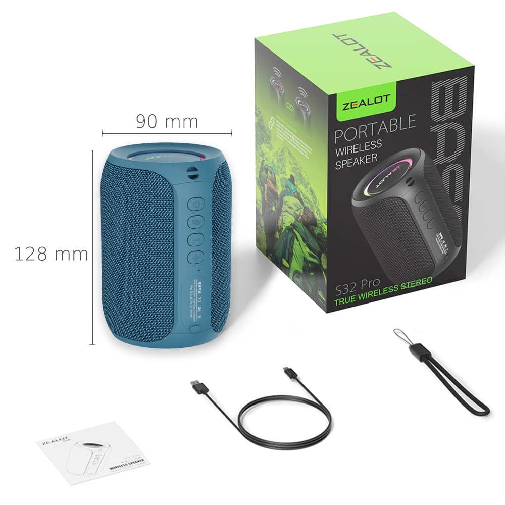 Портативная Bluetooth колонка ZEALOT S32 Pro TWS с LED подсветкой blue