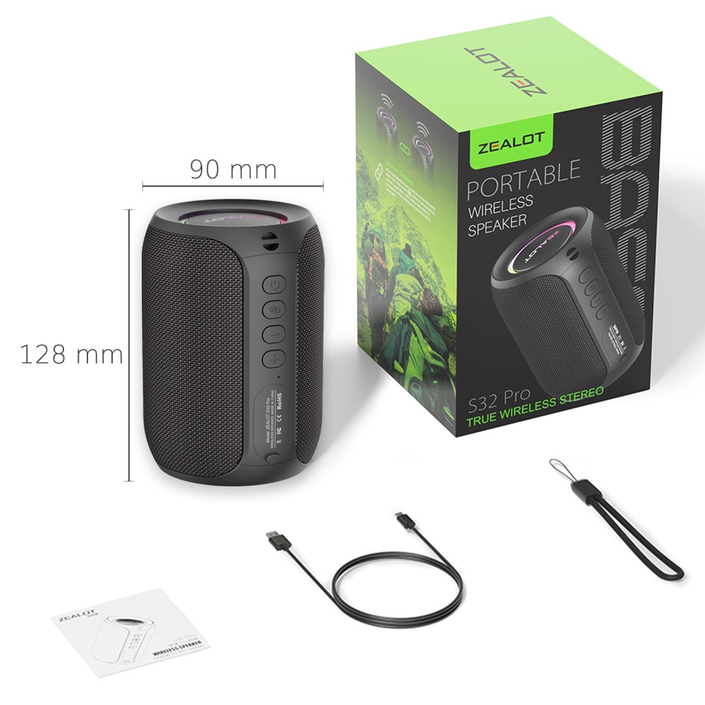 Портативная Bluetooth колонка ZEALOT S32 Pro TWS с LED подсветкой black
