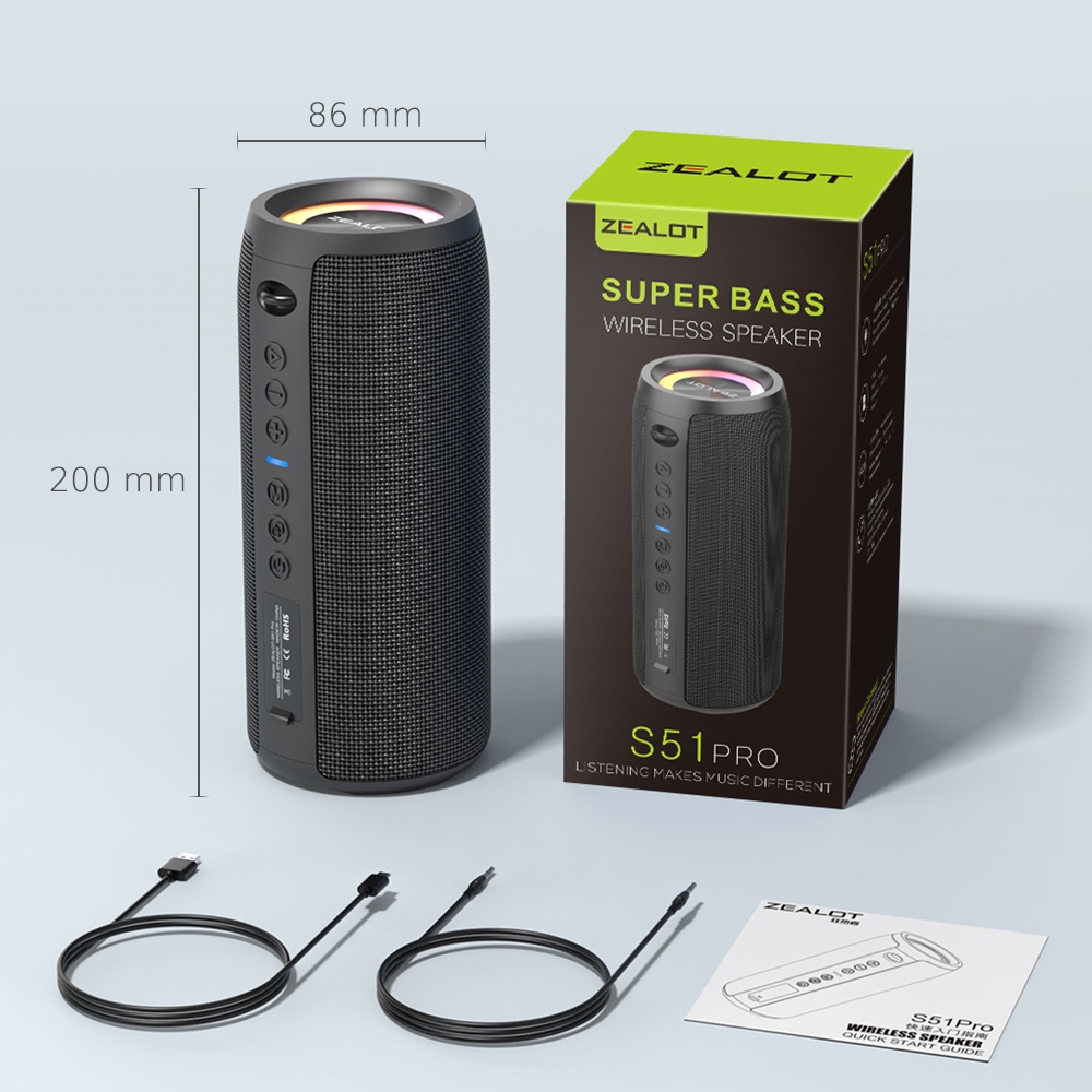 Портативная Bluetooth колонка ZEALOT S51 Pro TWS с LED подсветкой black