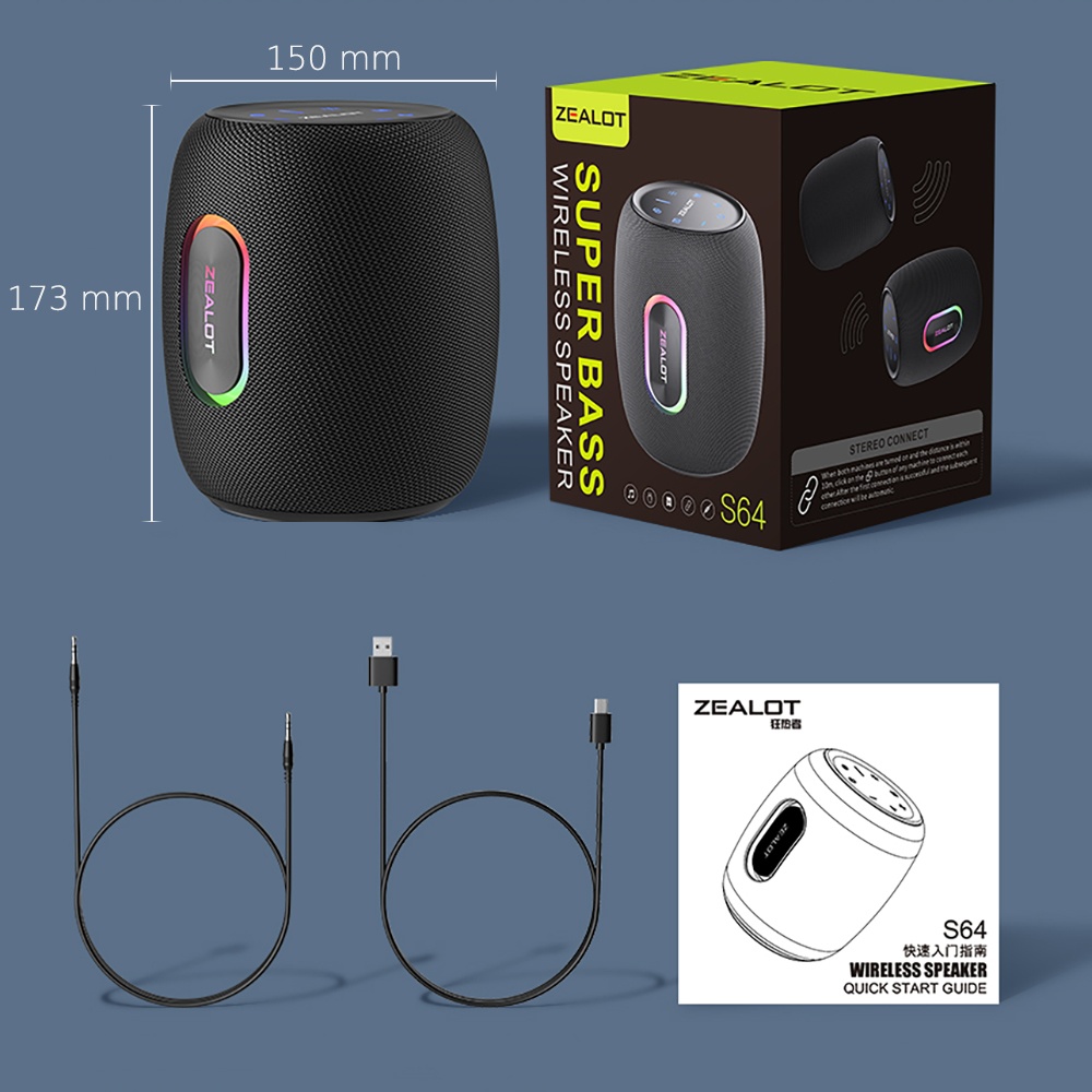 Портативная Bluetooth колонка ZEALOT S64 TWS с LED подсветкой black
