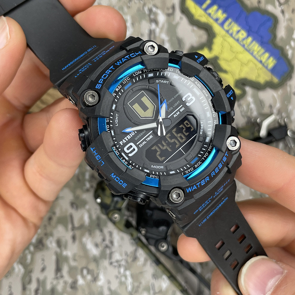 Годинник наручний Patriot 001BUTRO ТРО Чорні з синім + Коробка