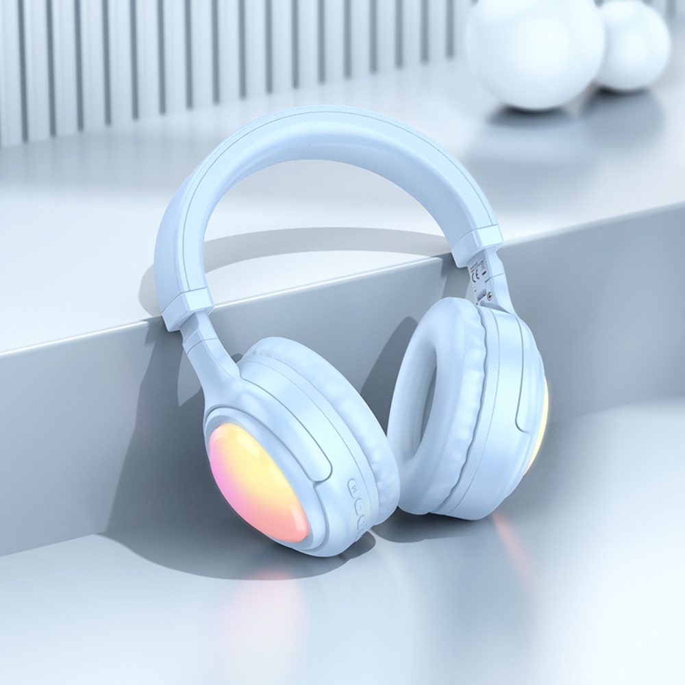 Беспроводные наушники Hoco W48 накладные с LED подсветкой blue