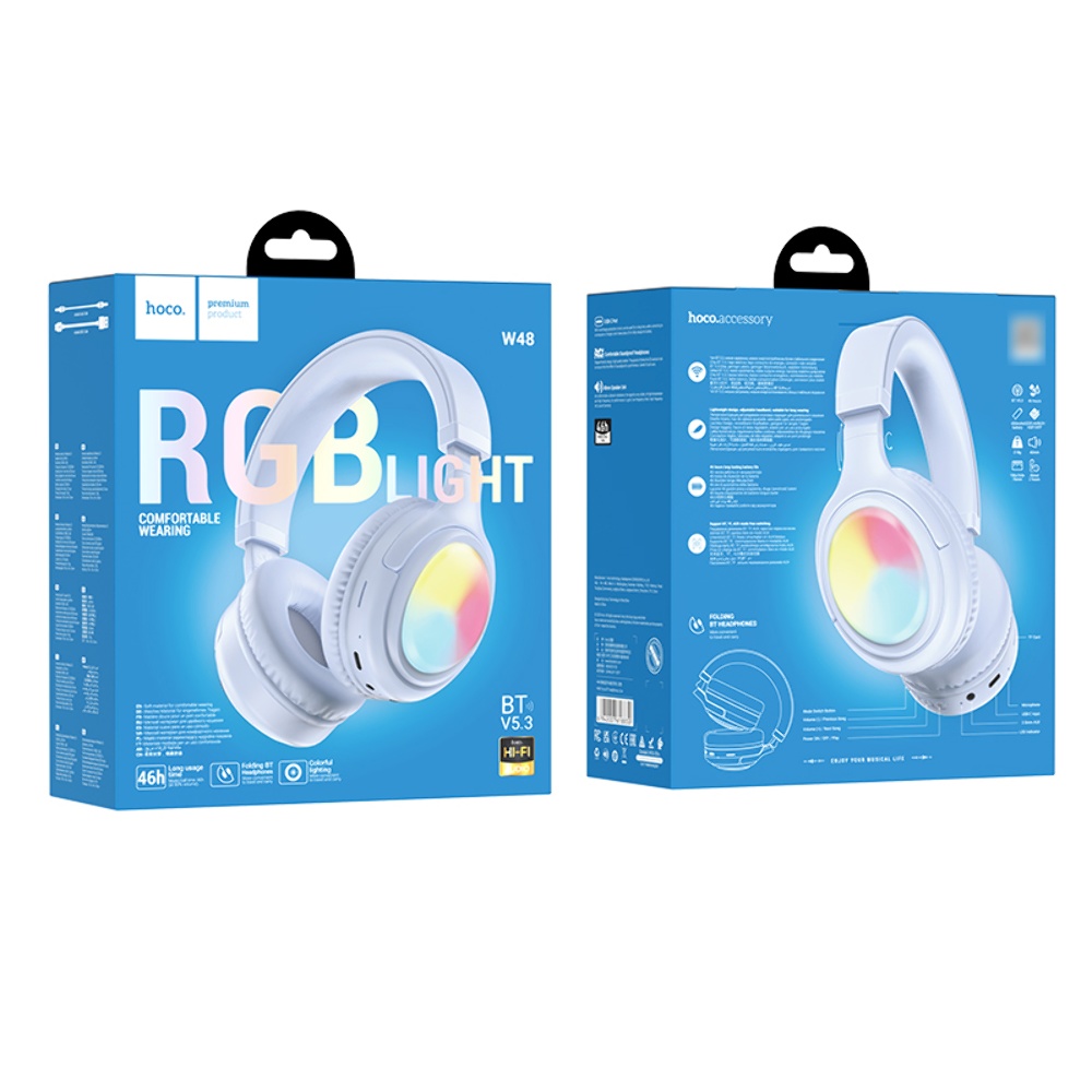 Беспроводные наушники Hoco W48 накладные с LED подсветкой blue