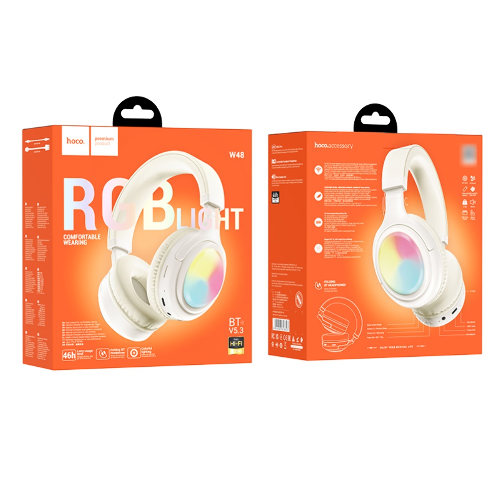 Беспроводные наушники Hoco W48 накладные с LED подсветкой milky white