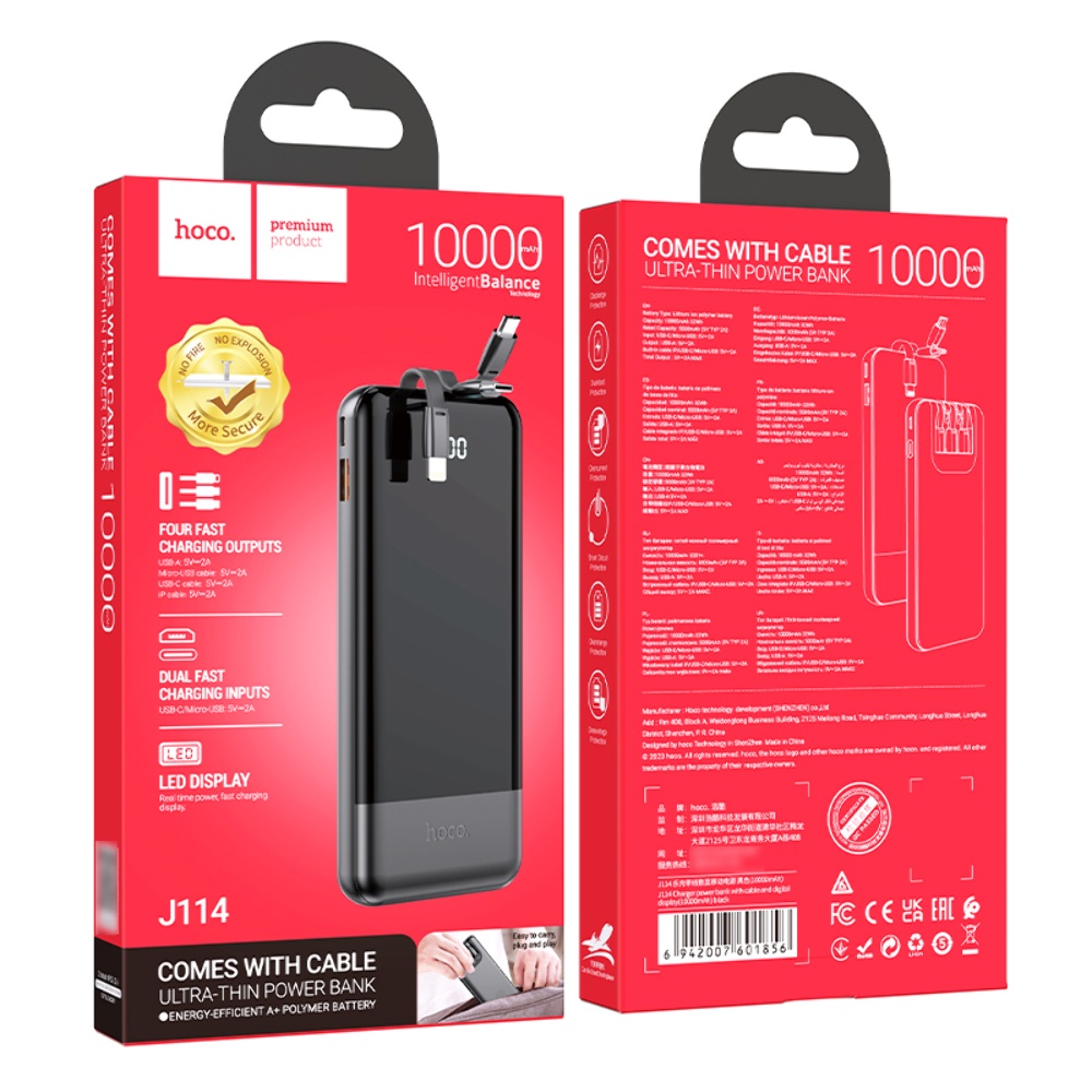 Power bank Hoco J114 10000mAh с дисплеем + кабеля 3в1 Type-C/ Lightning/ MicroUSB black