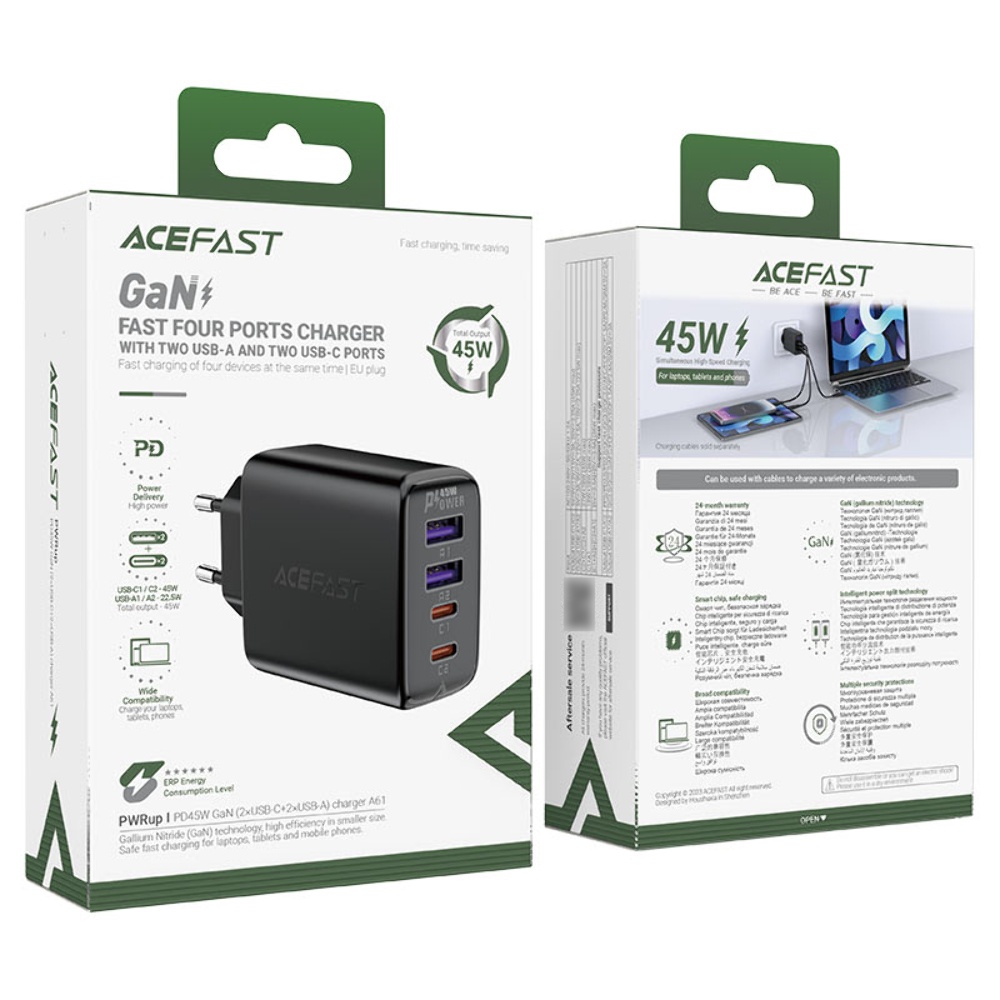 Сетевое зарядное устройство Acefast A61 2 USB/ 2 Type-C QC PD 45W черное