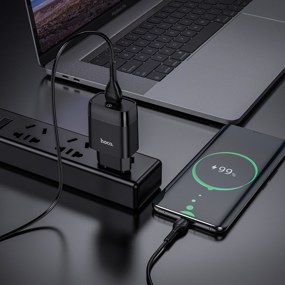 Сетевое зарядное устройство Hoco C72Q USB QC + кабель USB to MicroUSB black