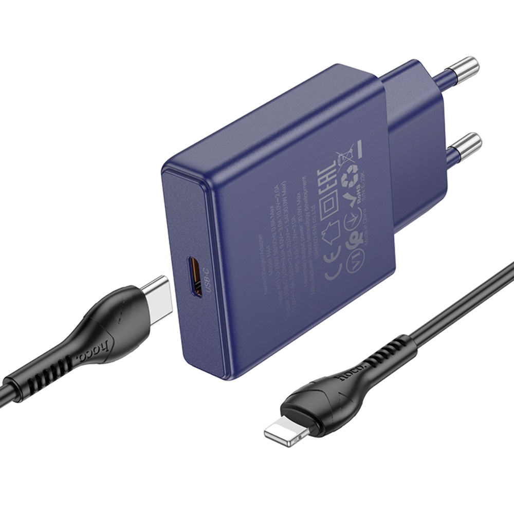 Сетевое зарядное устройство Hoco N44 Type-C PD 30W + кабель Type-C to Lightning titanium blue