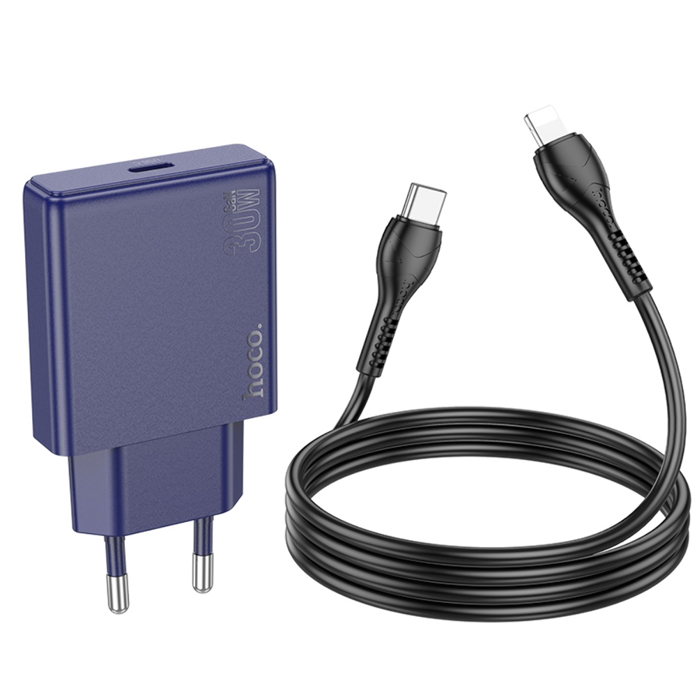 Сетевое зарядное устройство Hoco N44 Type-C PD 30W + кабель Type-C to Lightning titanium blue