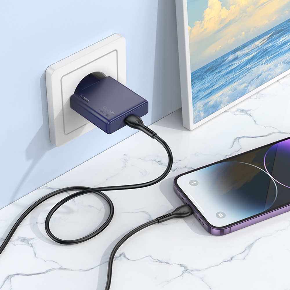 Сетевое зарядное устройство Hoco N44 Type-C PD 30W + кабель Type-C to Lightning titanium blue