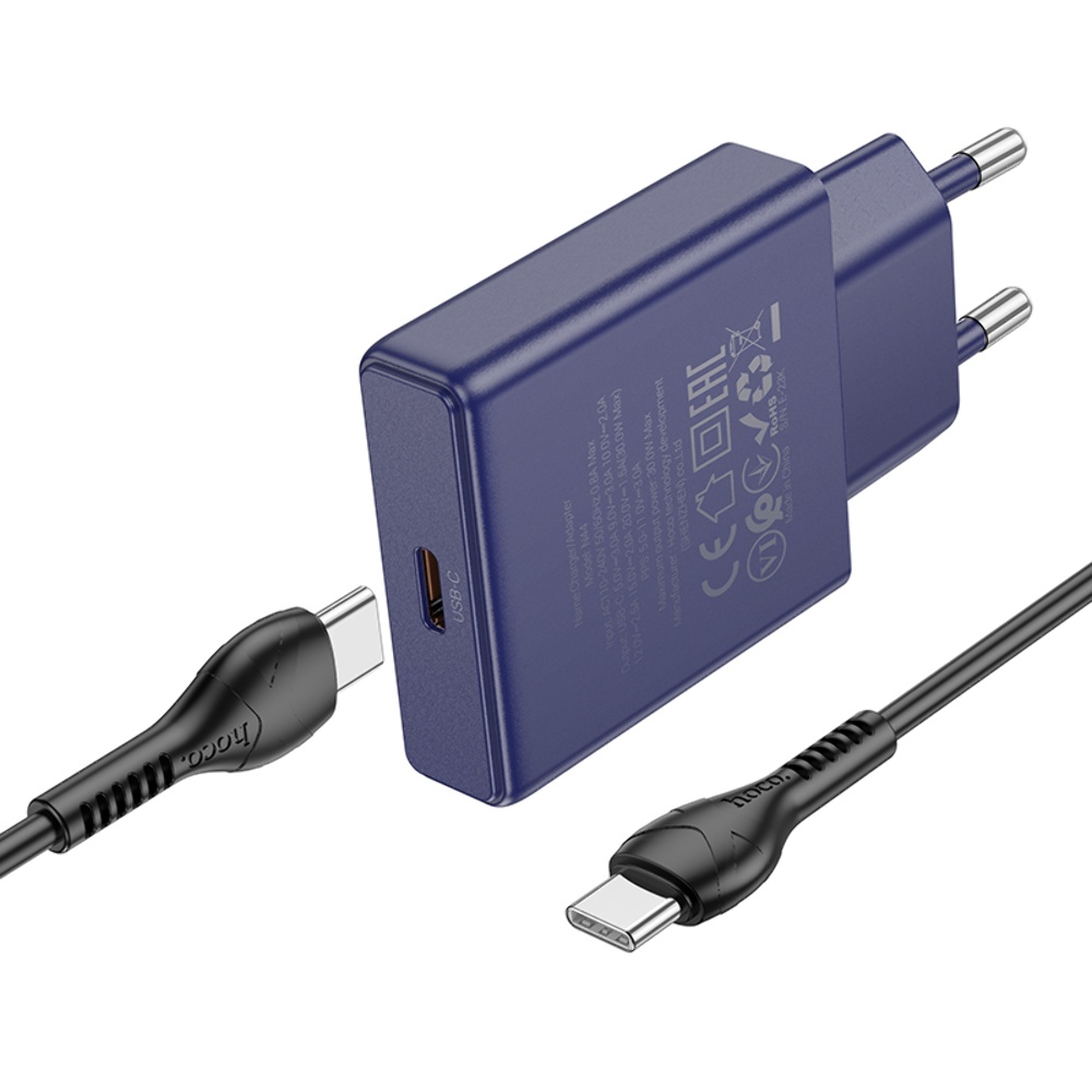 Сетевое зарядное устройство Hoco N44 Type-C PD 30W + кабель Type-C to Type-C titanium blue