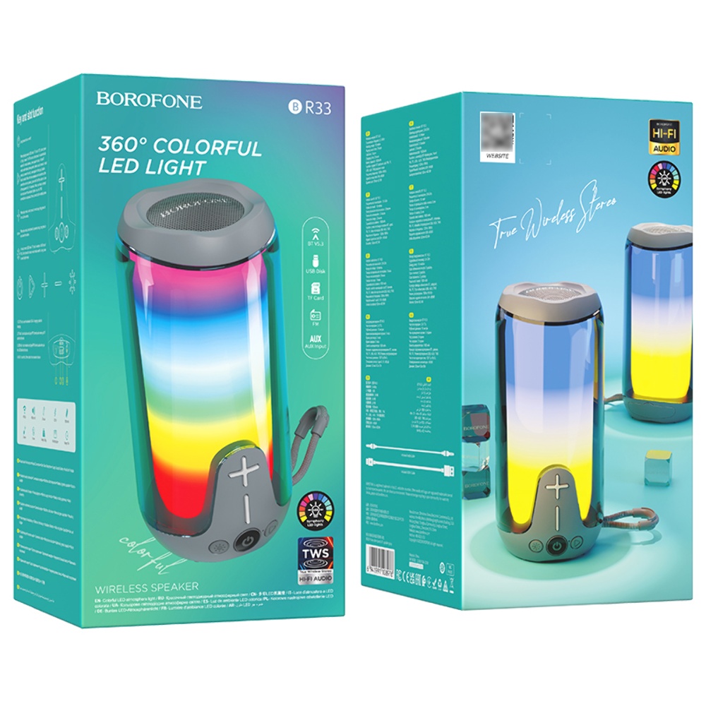 Портативная Bluetooth колонка Borofone BR33 TWS с LED подсветкой grey