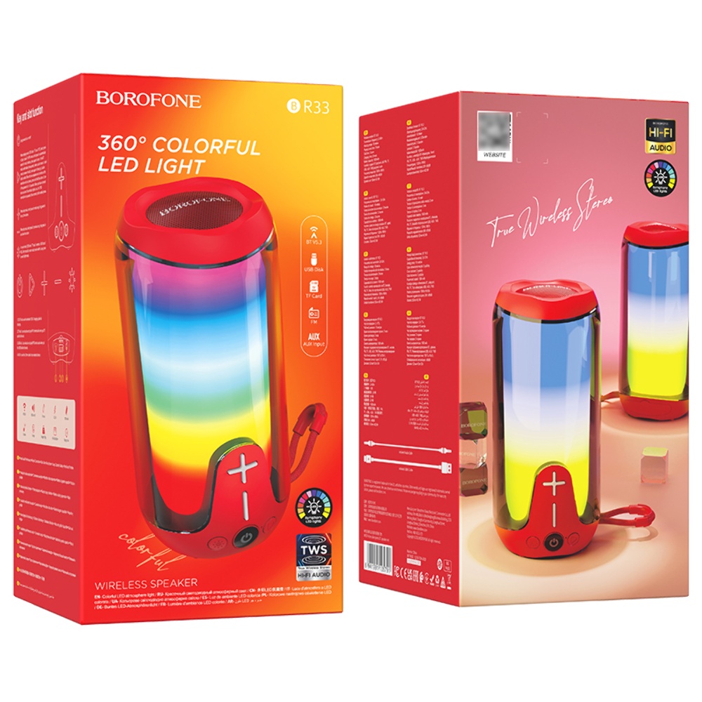 Портативная Bluetooth колонка Borofone BR33 TWS с LED подсветкой red