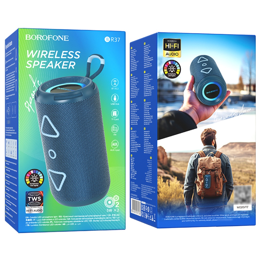 Портативная Bluetooth колонка Borofone BR37 TWS с LED подсветкой blue