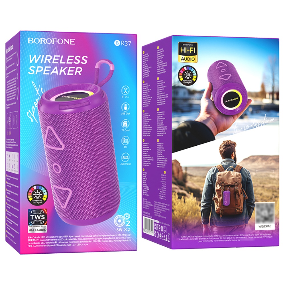 Портативная Bluetooth колонка Borofone BR37 TWS с LED подсветкой purple