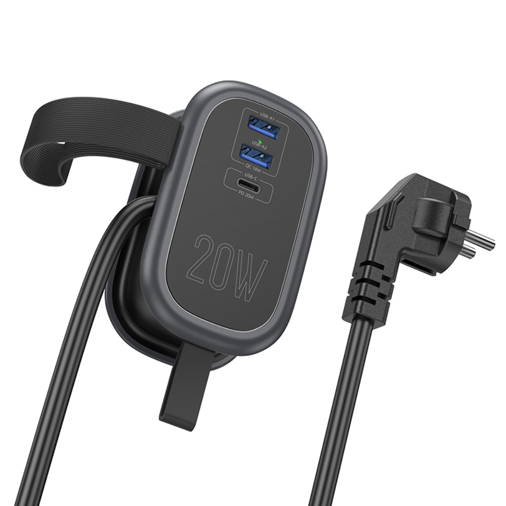 Сетевое зарядное устройство удлинитель Hoco NS7 2 USB/ Type-C PD 20W 1 розетка 1.1m black