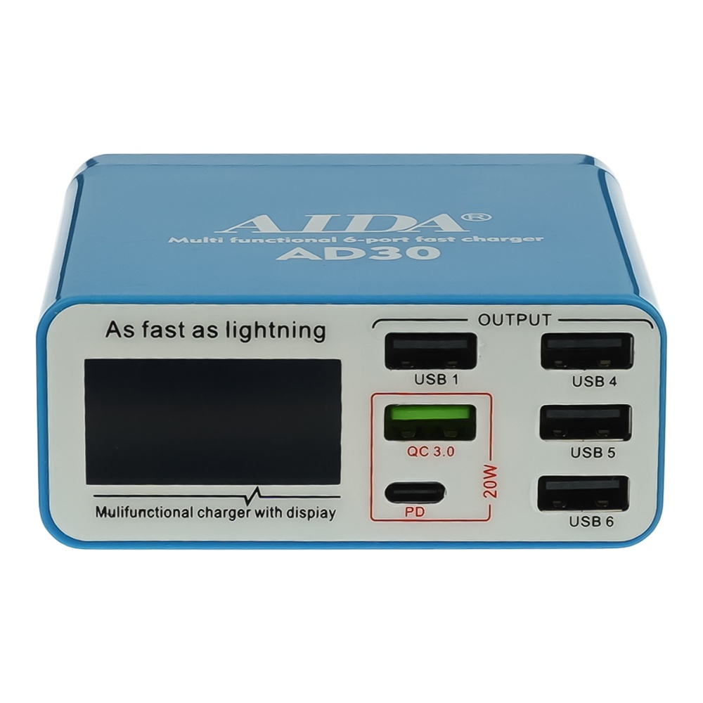 Зарядная станция с индикацией параметров зарядки Aida AD30 (5 USB/ 1 Type-C, Fast Charge 3.0, 40W)