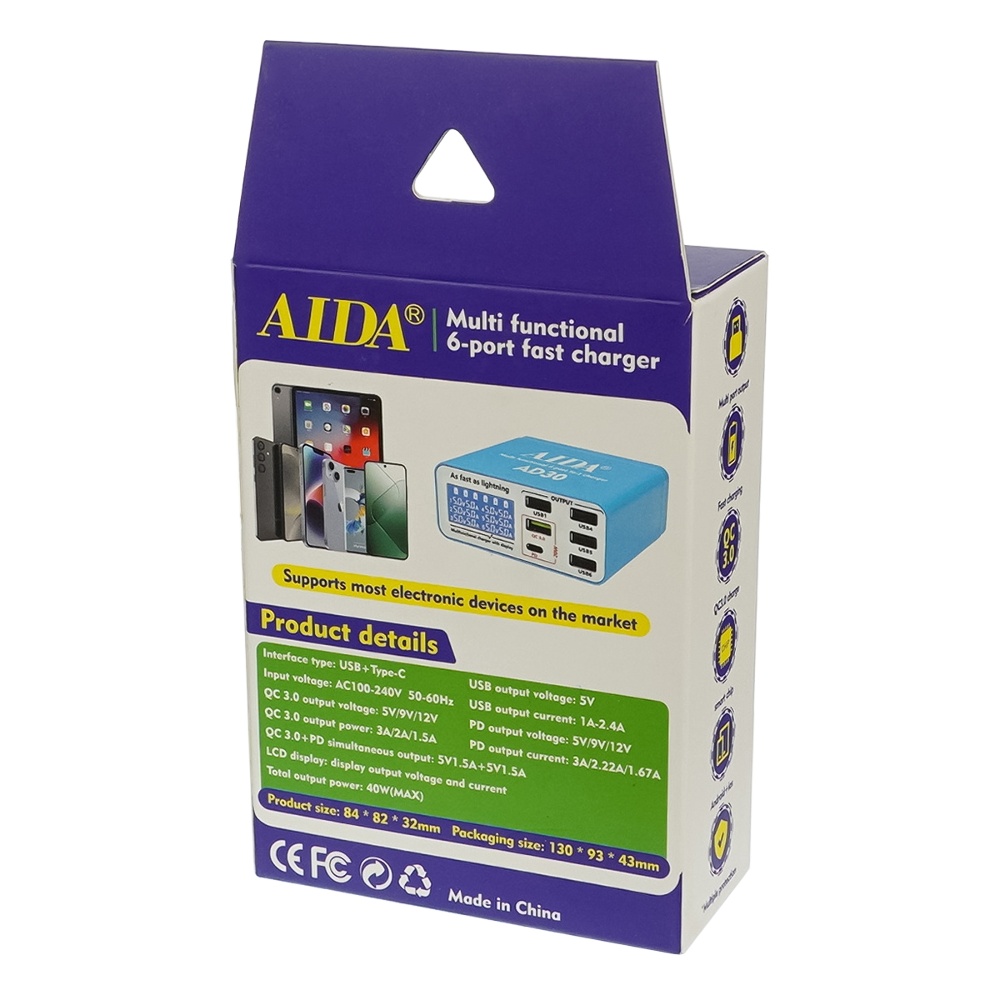 Зарядная станция с индикацией параметров зарядки Aida AD30 (5 USB/ 1 Type-C, Fast Charge 3.0, 40W)