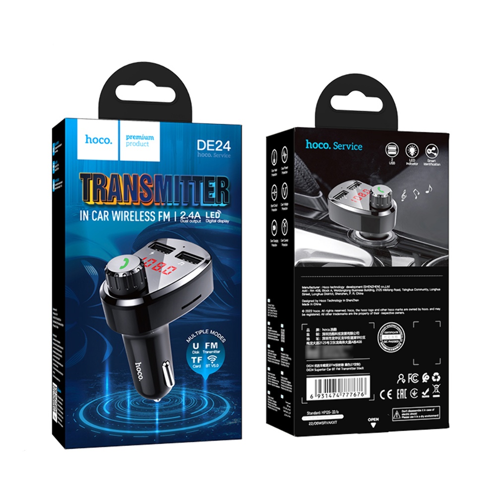 Автомобильное зарядное устройство Hoco DE24 2 USB c FM-модулятором black