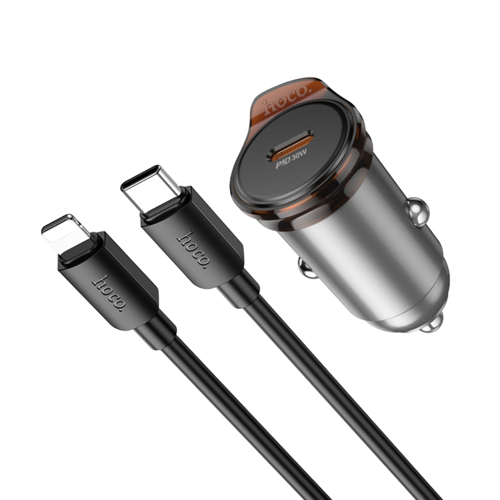 Автомобильное зарядное устройство Hoco NZ16 Type-C PD 30W metal grey + кабель Type-C to Lightning