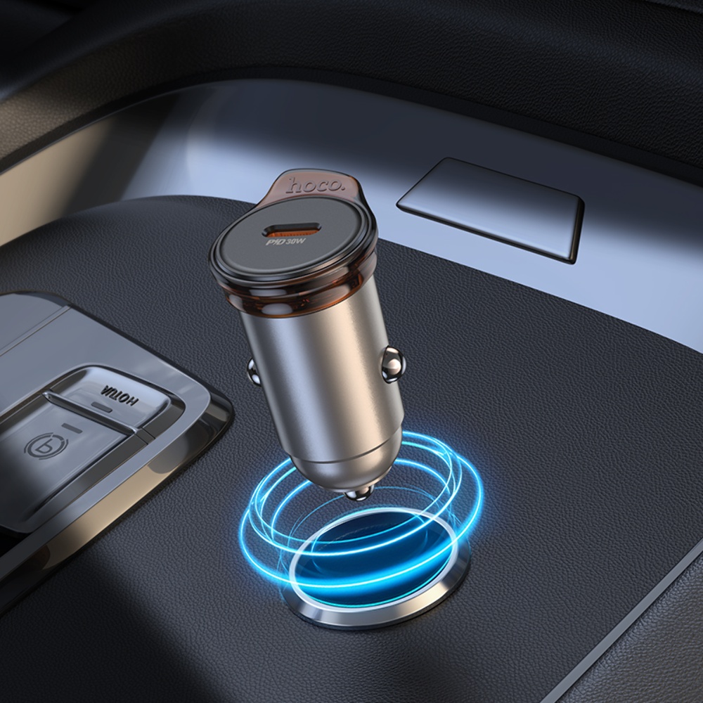 Автомобильное зарядное устройство Hoco NZ16 Type-C PD 30W metal grey + кабель Type-C to Lightning