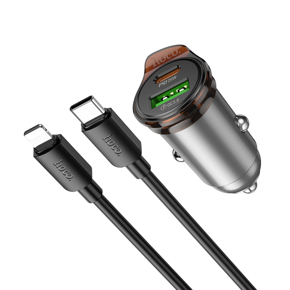 Автомобильное зарядное устройство Hoco NZ16A USB/ Type-C 43W PD QC 25W metal grey + кабель Type-C to Lightning