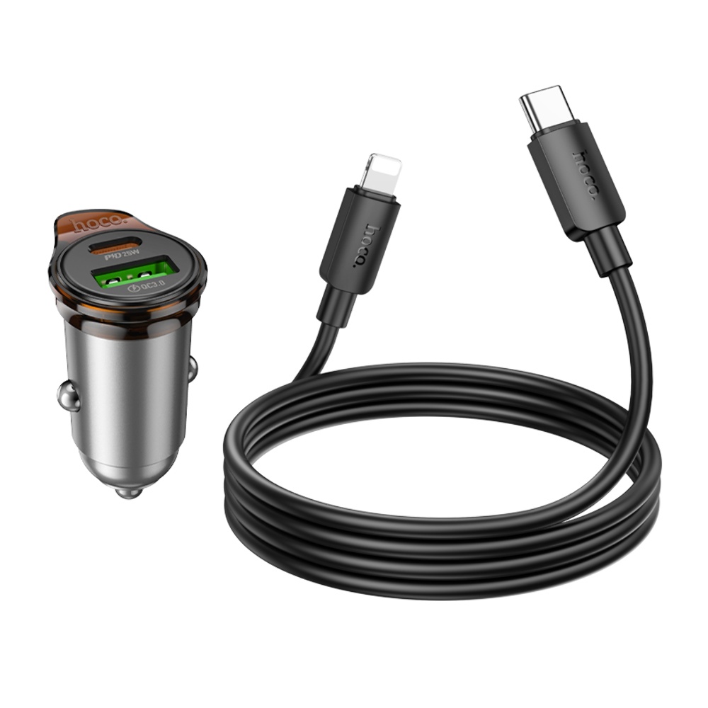 Автомобильное зарядное устройство Hoco NZ16A USB/ Type-C 43W PD QC 25W metal grey + кабель Type-C to Lightning