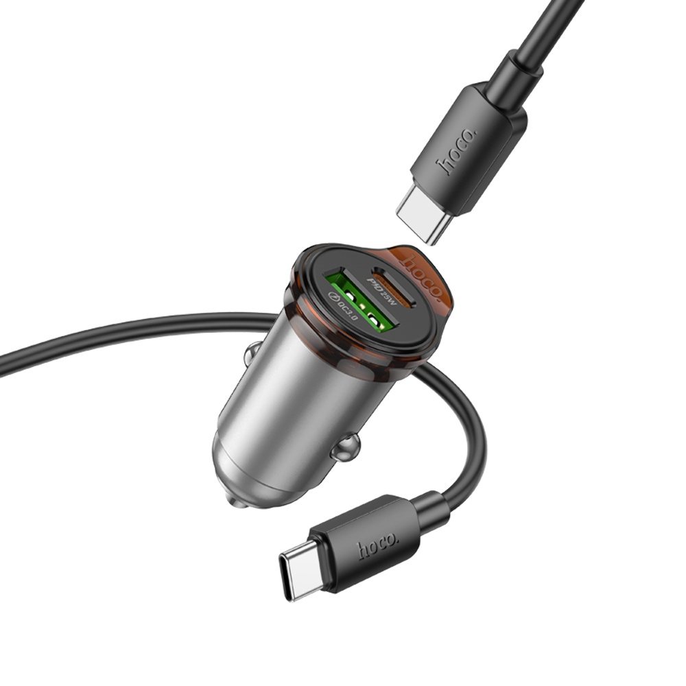 Автомобильное зарядное устройство Hoco NZ16A USB/ Type-C 43W PD QC 25W metal grey + кабель Type-C to Type-C
